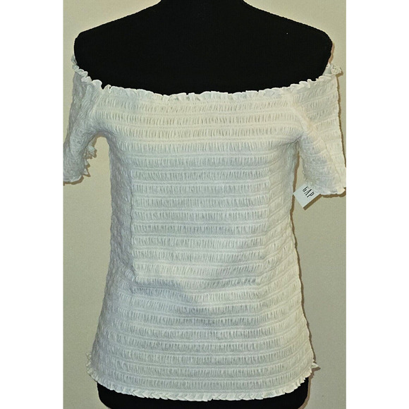 Gap Smocked Off-Shoulder Top Short Sleeves Woman's White Size Large NWT - Picture 2 of 6
